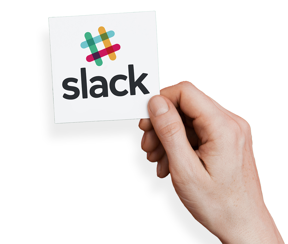 hand holding Slack logo